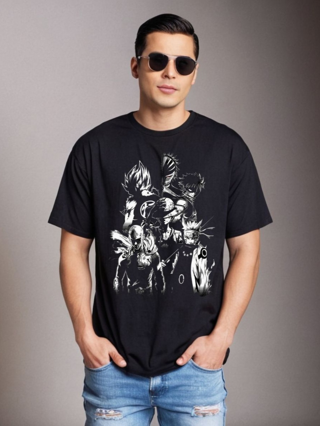 

Be Crazy Graphic Anime Printed Round Neck Oversized Cotton T-shirt, Black