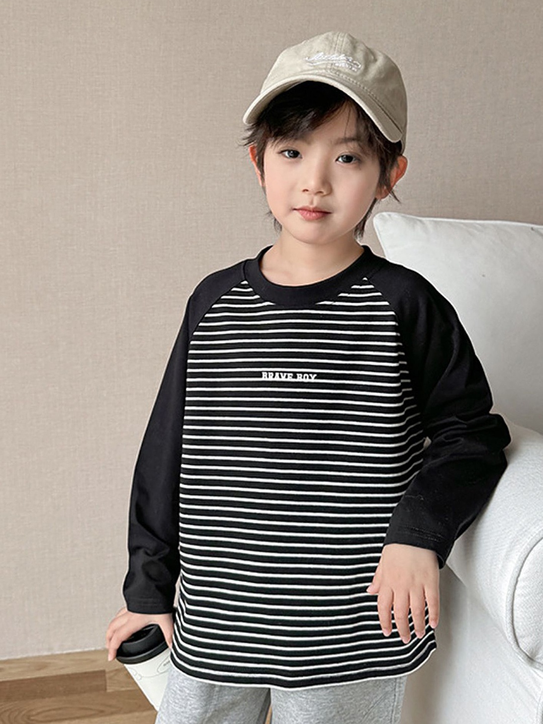 

LULU & SKY Boys Striped Round Neck Cotton Relaxed Fit T-shirt, Black