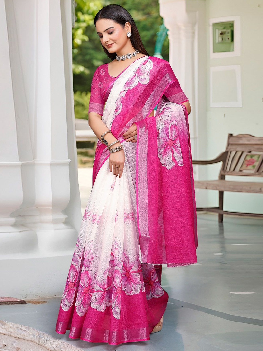 

Sarvada Floral Printed Pure Cotton Saree, White