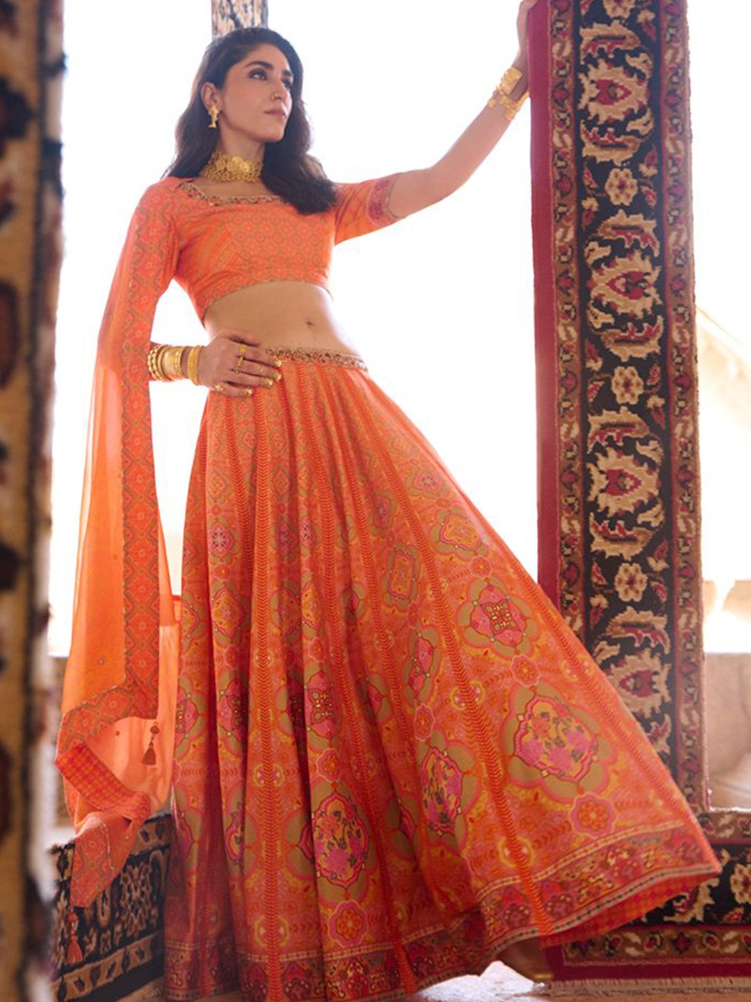 

SAUNDH Printed Lehenga & Semi-Stitched Blouse With Dupatta, Orange