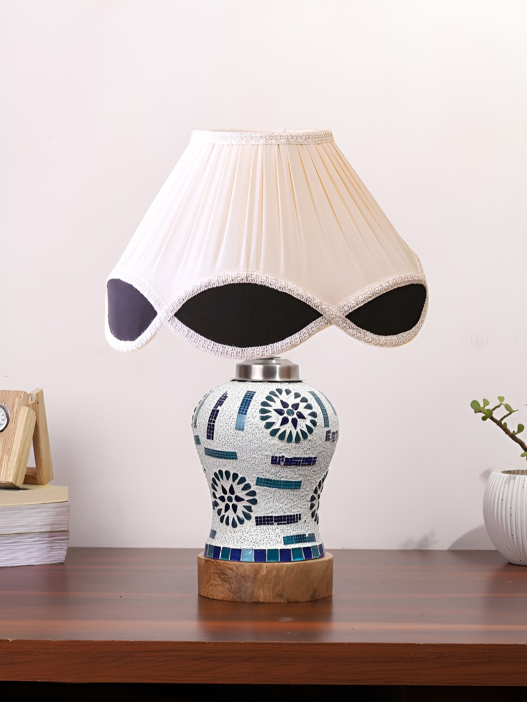 

Devansh White Textured Frustum Shaped Wooden Table Lamp
