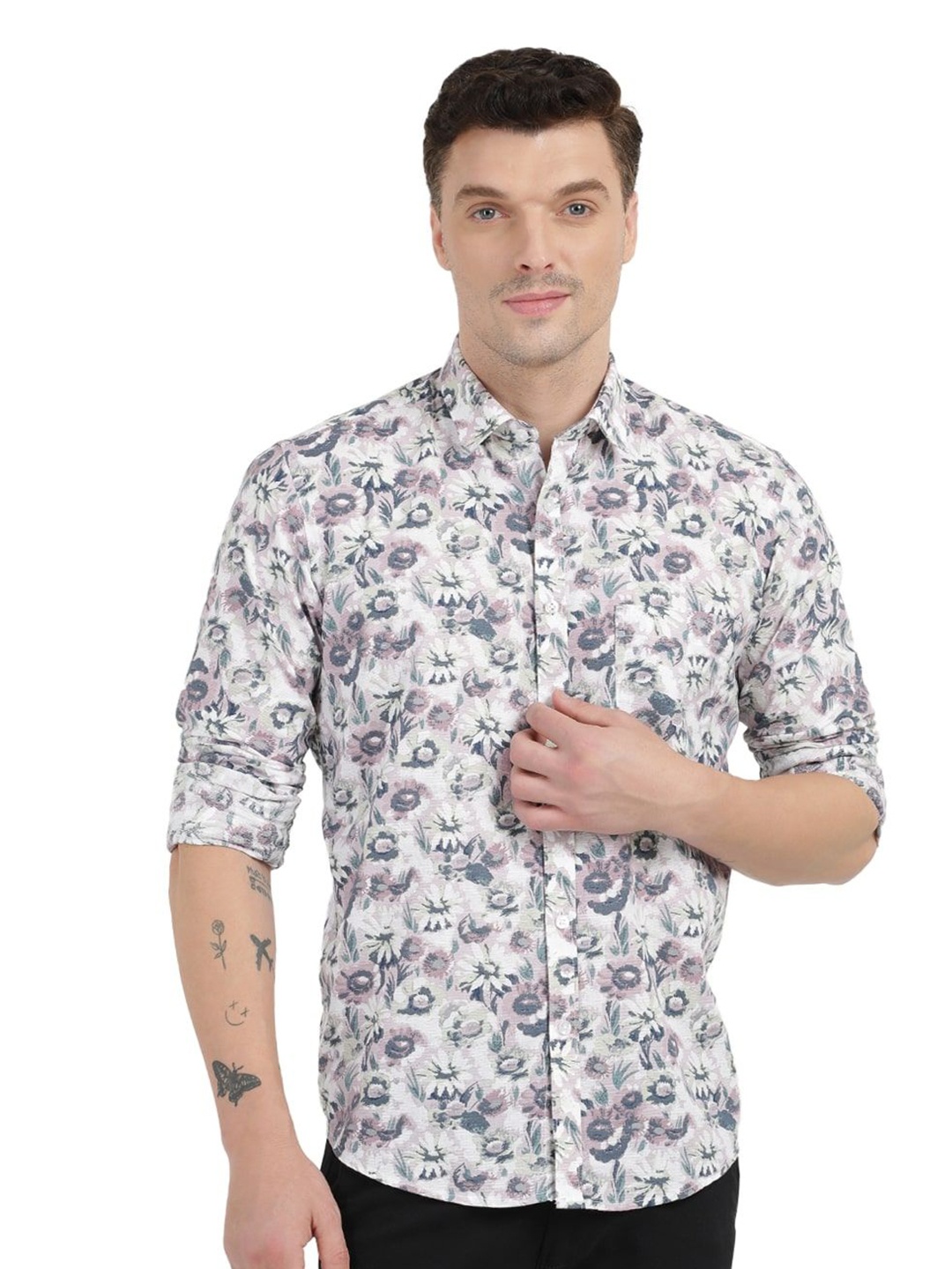 

Clarke Gable Men Trim Slim Fit Floral Printed Spread Collar Cotton Casual Shirt, White