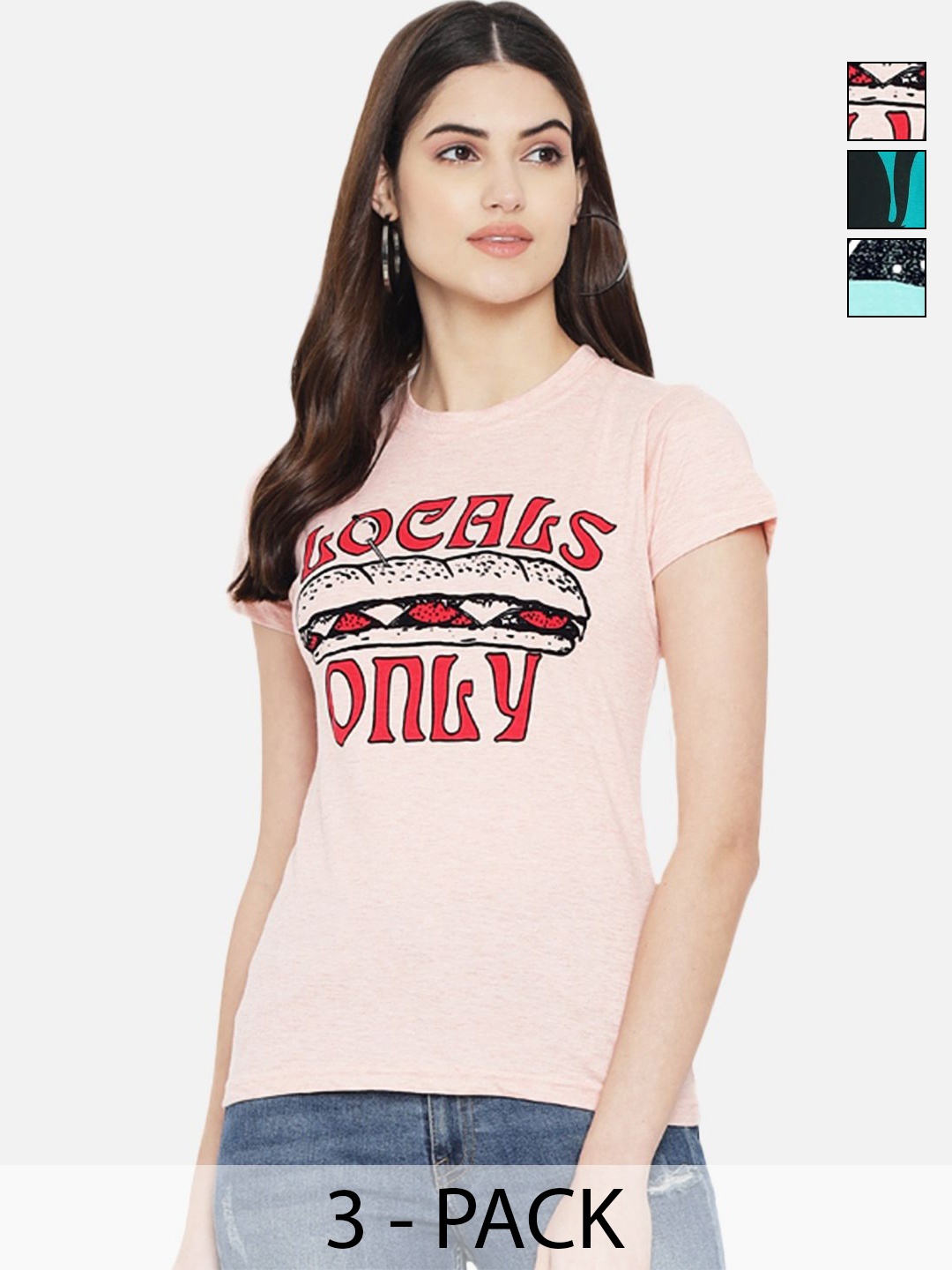 

Dreambe Women Pack of 3 Typography Printed Round Neck Cotton T-shirts, Peach