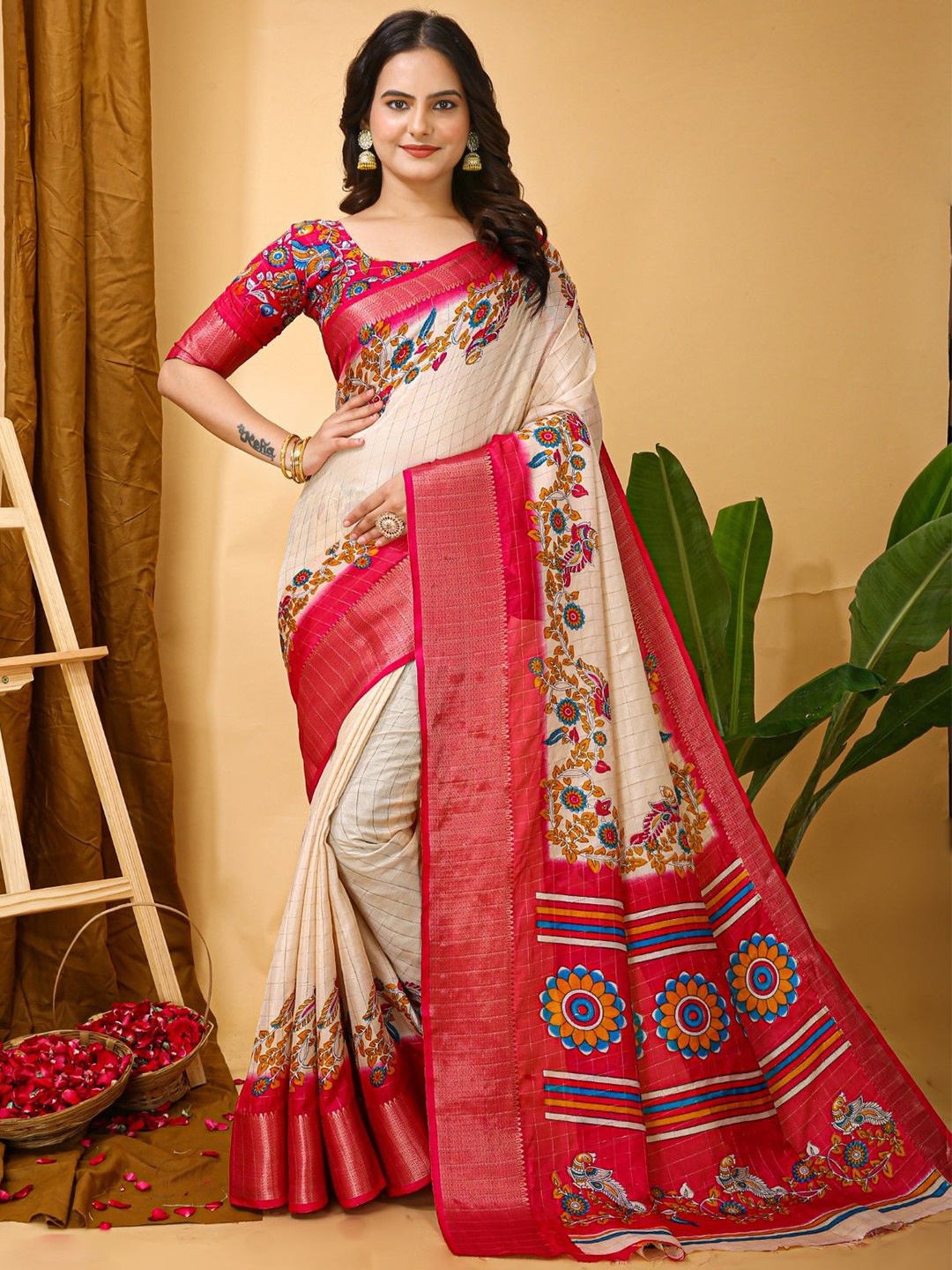 

KALINI Ethnic Motifs Woven Design Border Saree, Cream