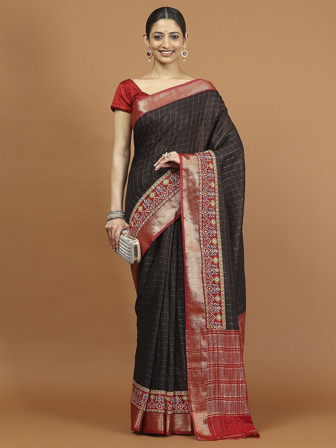 

Meena Bazaar Checked Woven Design Zari Saree, Black