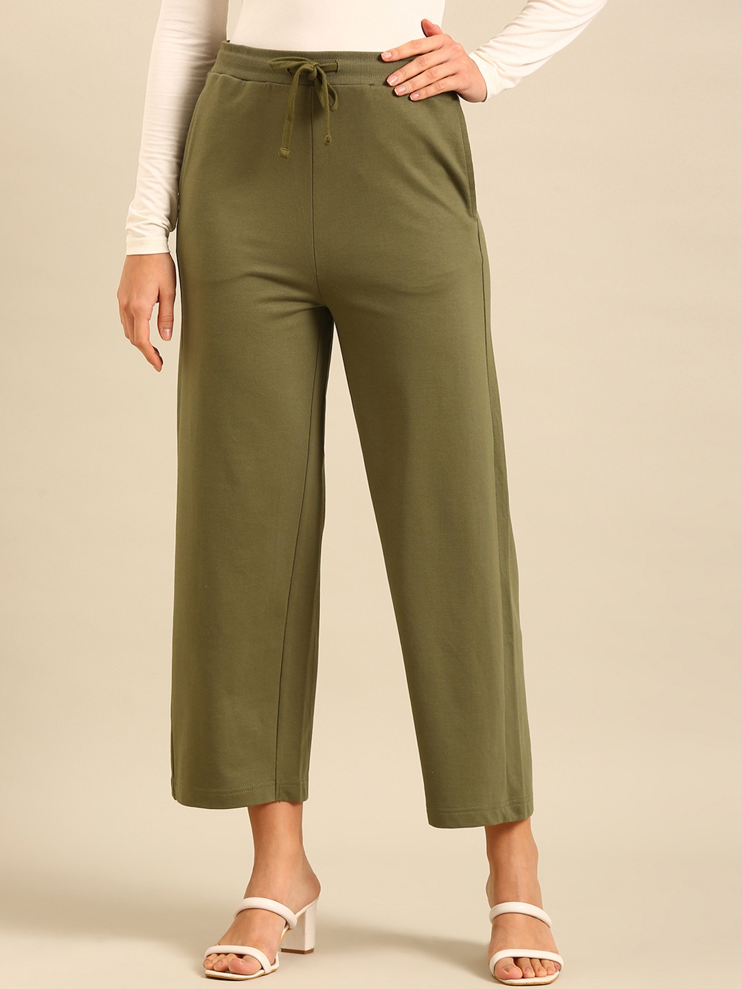 

De Moza Women Cotton Wide Leg Trousers, Green
