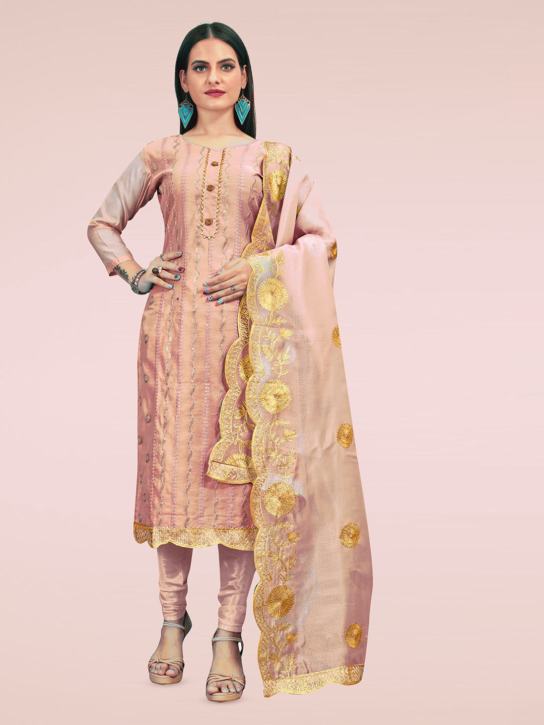 

Maroosh Geometric Motifs Sequence Embellished Chanderi Cotton Unstitched Dress Material, Peach