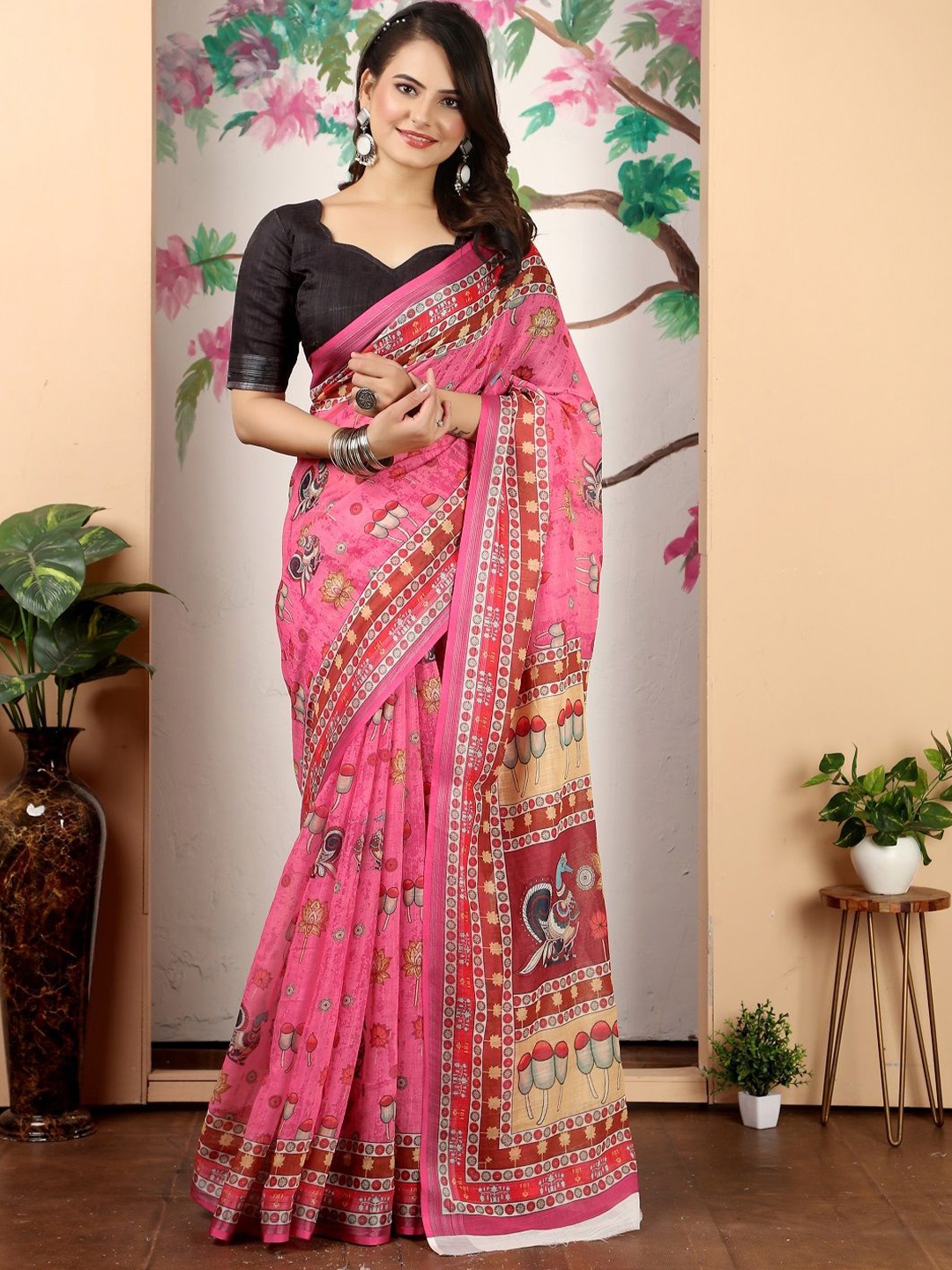 

Sarvada Ethnic Motifs Printed Pure Cotton Saree, Pink
