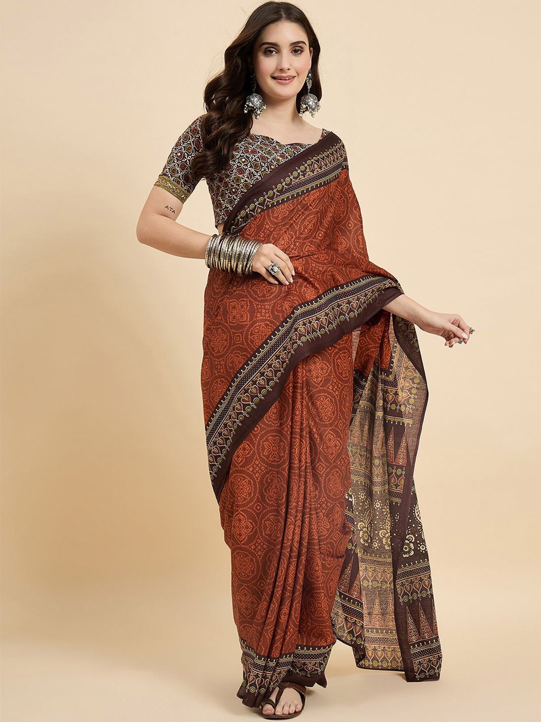 

Anouk Rustic Ethnic Motifs Printed Bhagalpuri Saree, Rust