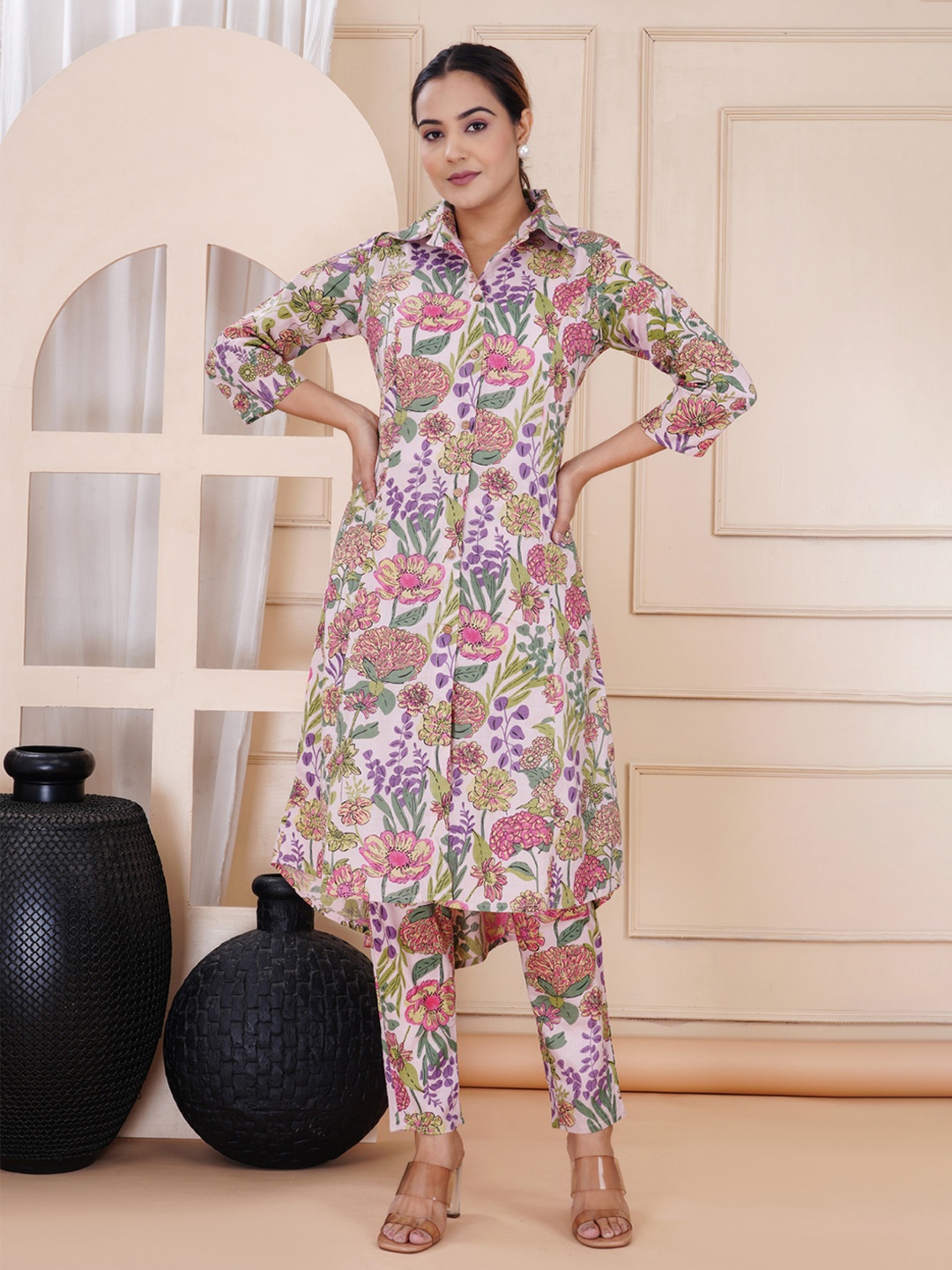 

TRUVON FASHIONS Floral Printed Shirt Collar Tunic & Trouser, Pink