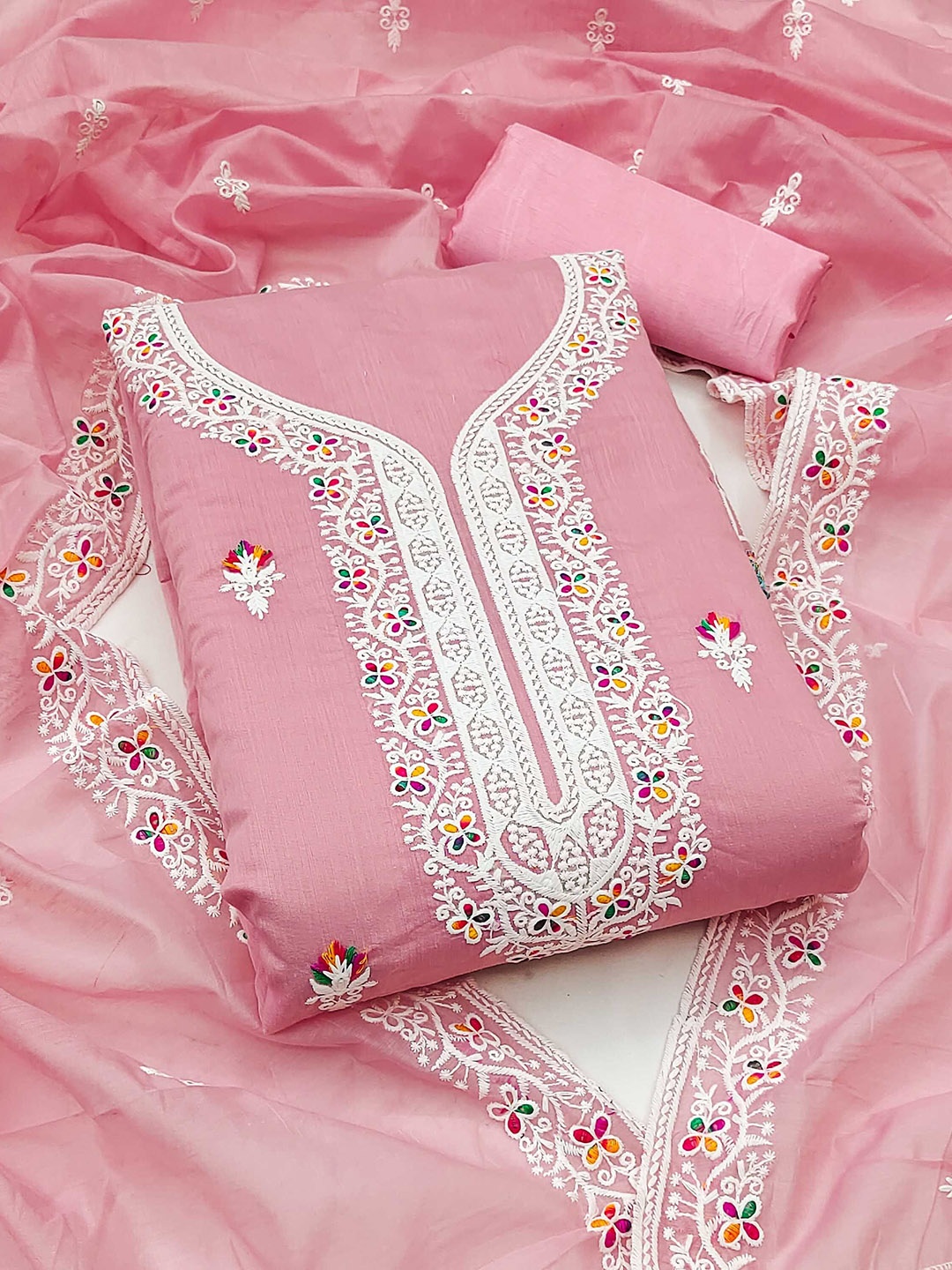 

SHADOW & SAINING Floral Embroidered Unstitched Dress Material, Pink