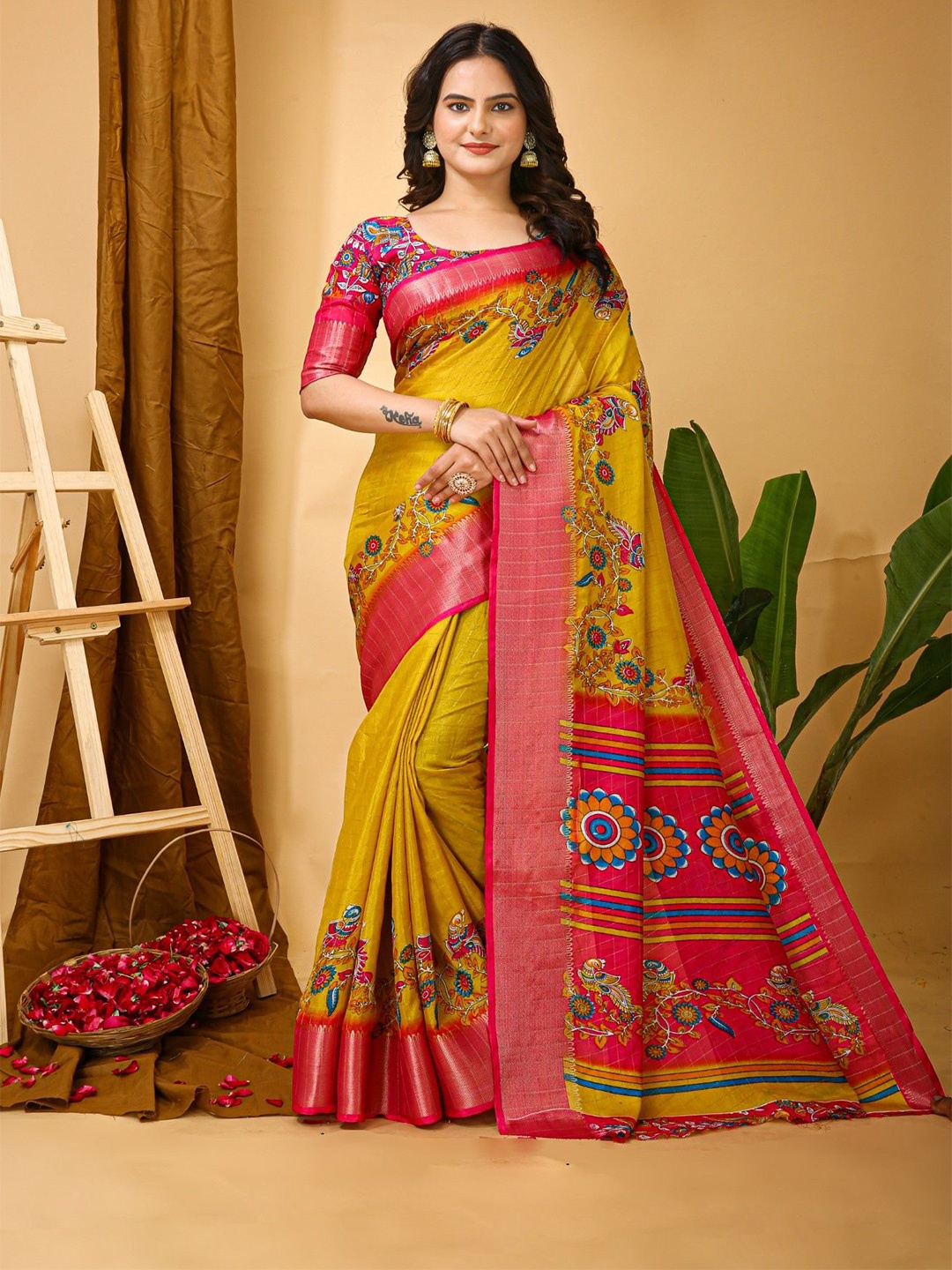 

DIVASTRI Kalamkar Printed Zari Saree with Woven Design, Yellow