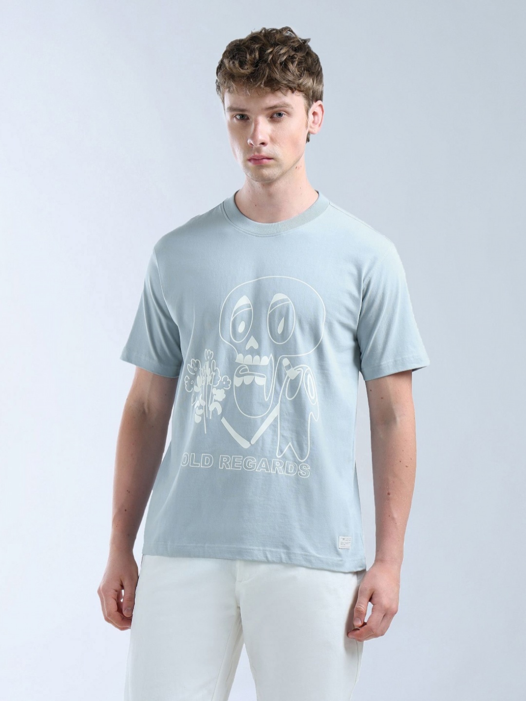 

Flying Machine Graphic Printed Round Neck Drop-Shoulder Sleeves Cotton T-shirt, Grey