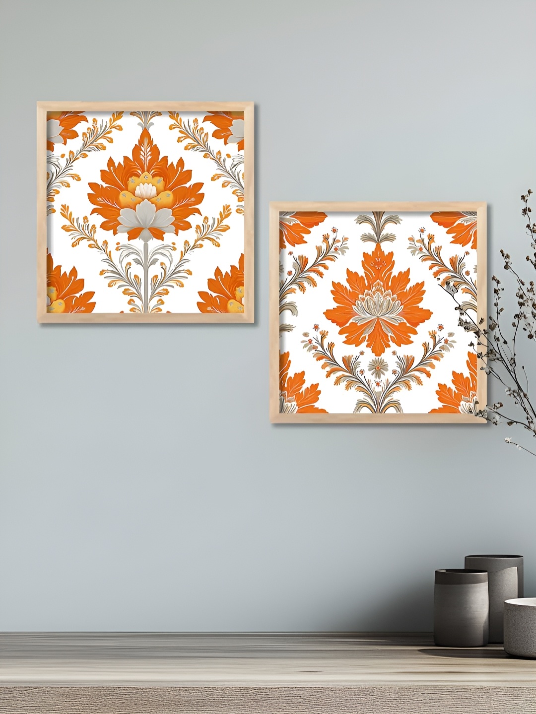 

Kotart Brown & Orange 2 Pieces Floral And Botanical Printed Wooden Madhubani Wall Art