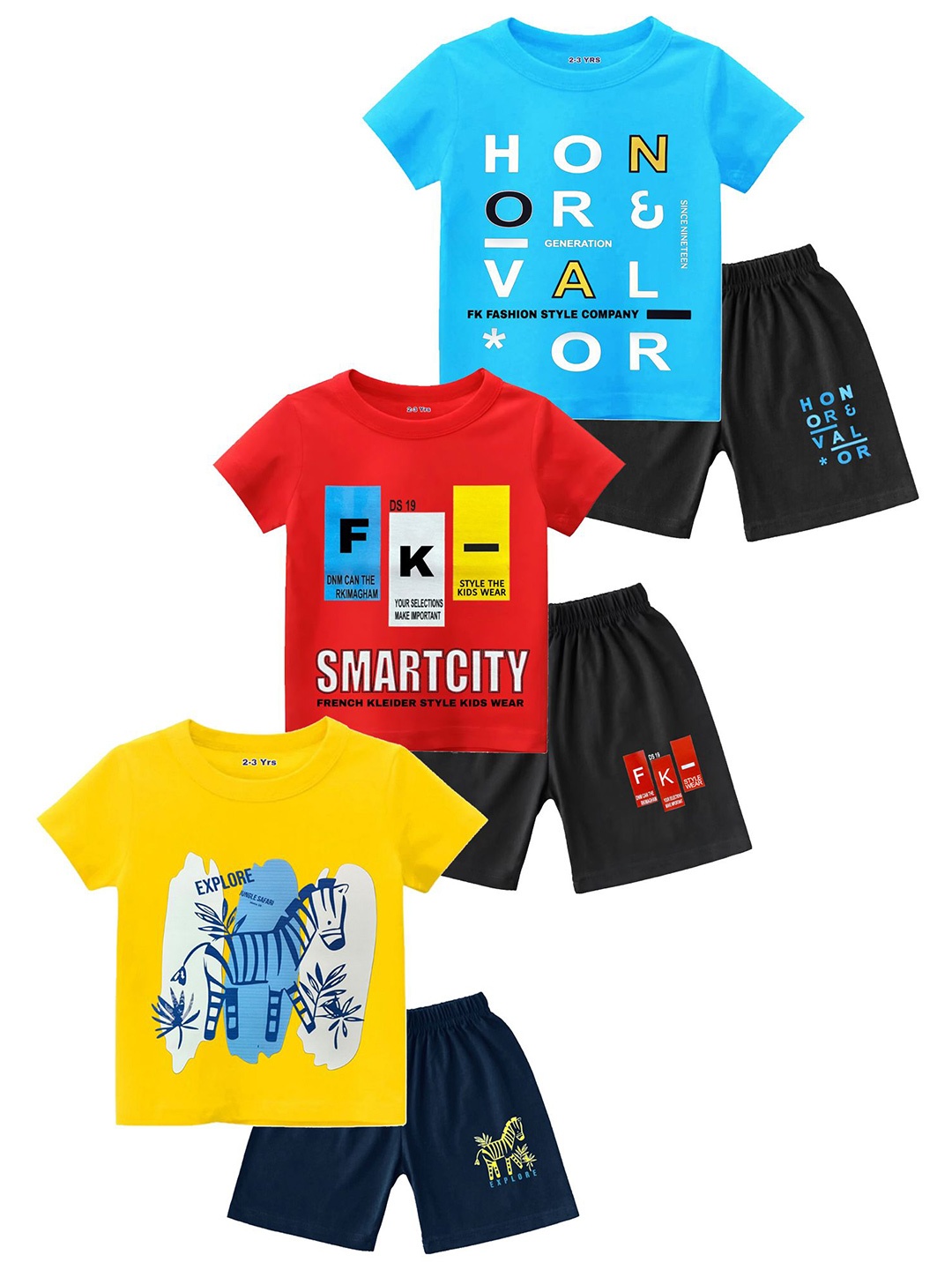 

Tik Tok WEARS Boys Pack Of 3 Graphic Printed Pure Cotton T-shirt With Shorts, Red