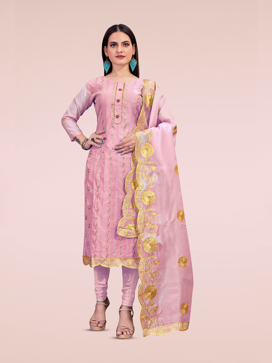 

Maroosh Geometric Embroidered Sequins Chanderi Unstitched Dress Material, Pink