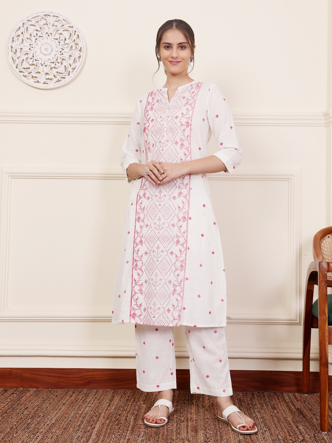 

SAVI Geometric Woven Design Mandarin Collar Pure Cotton Kurta with Trousers, White