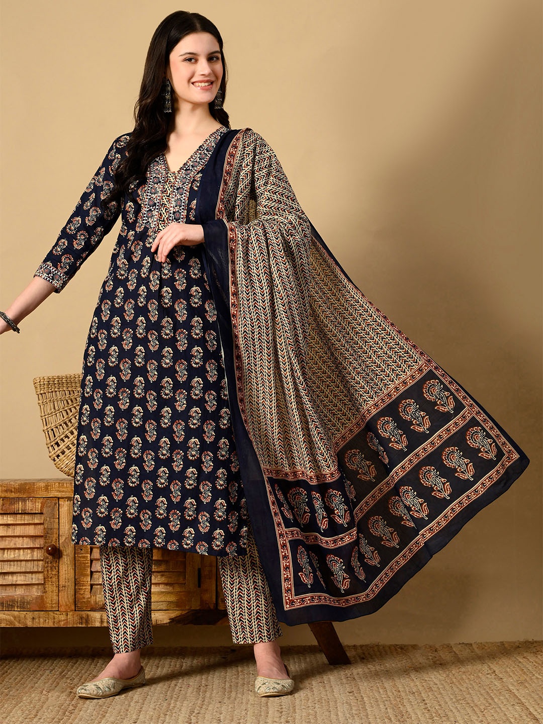 

KEOSA V-Neck Floral Printed Pure Cotton Thread Work Kurta with Trouser & Dupatta, Navy blue