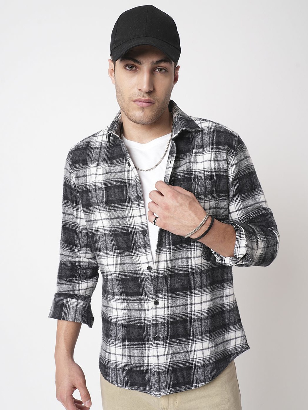 

VASTRADO Men Tartan Checks Cotton Shacket, Black