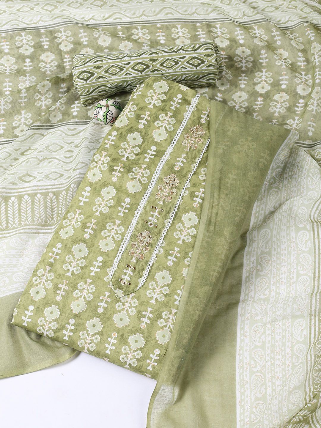 

Meena Bazaar Floral Printed Beads and Stones Unstitched Dress Material, Green
