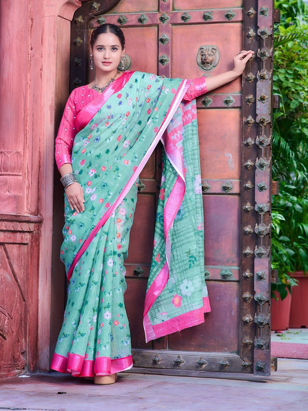 

Mitera Floral Printed Zari Pure Cotton Saree, Green