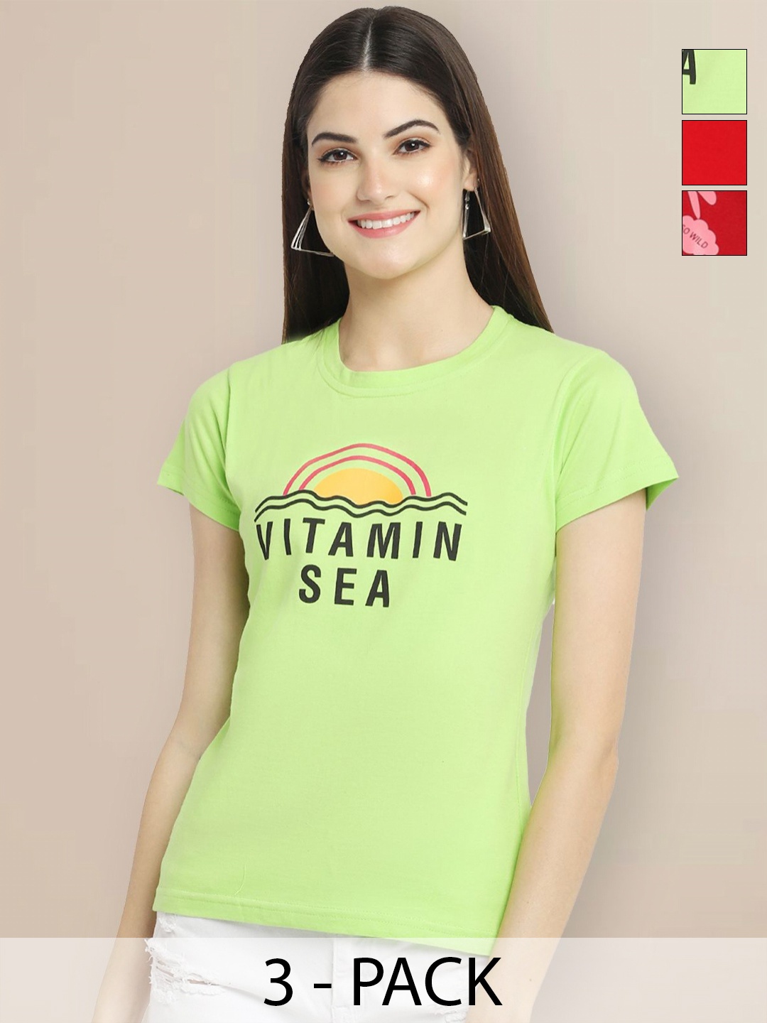 

Metronaut Women Pack of 3 Typography Printed Round Neck Cotton T-shirts, Green