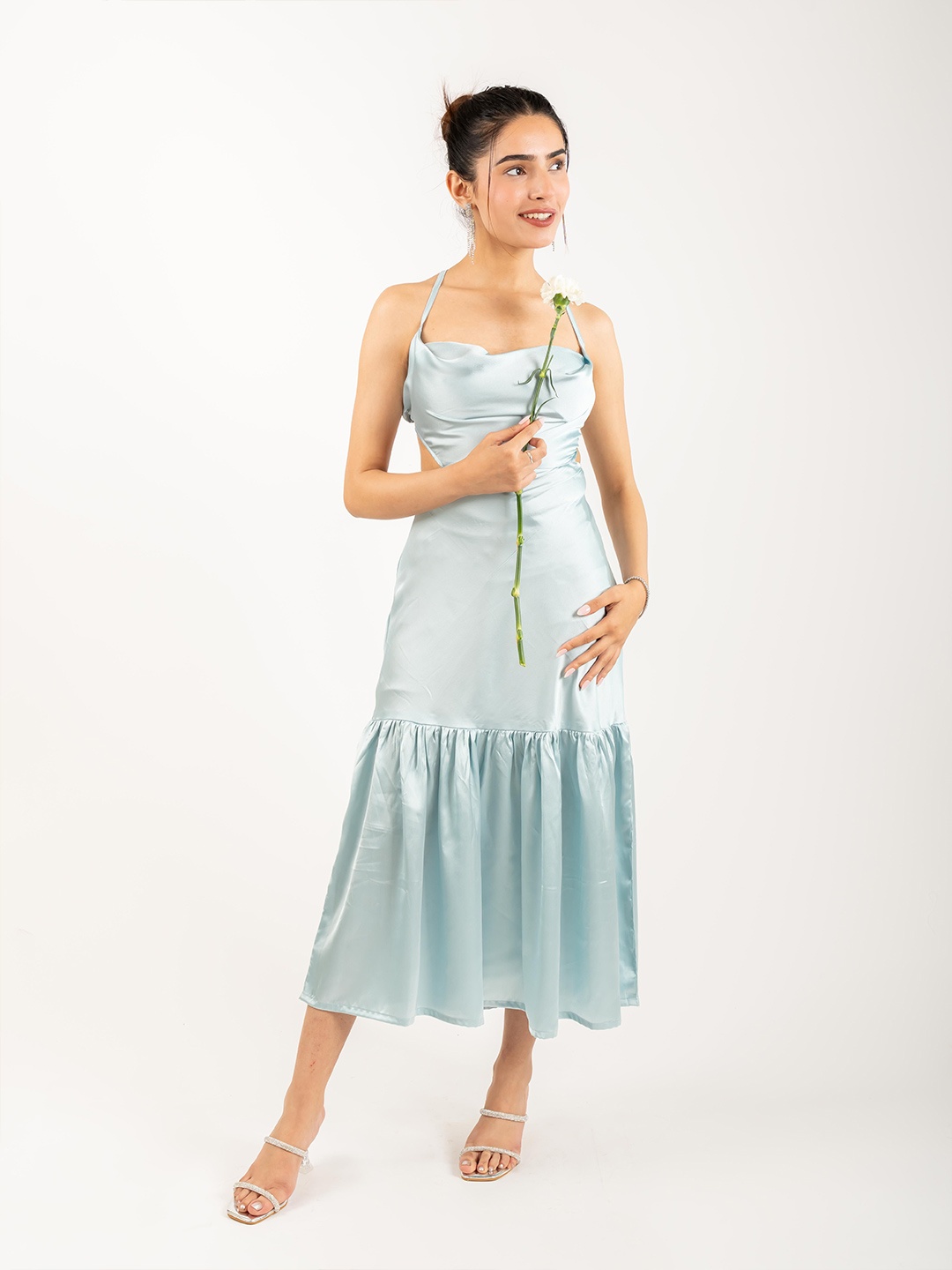 

MONOMEE Shoulder Straps Satin Drop-Waist Midi Dress, Blue