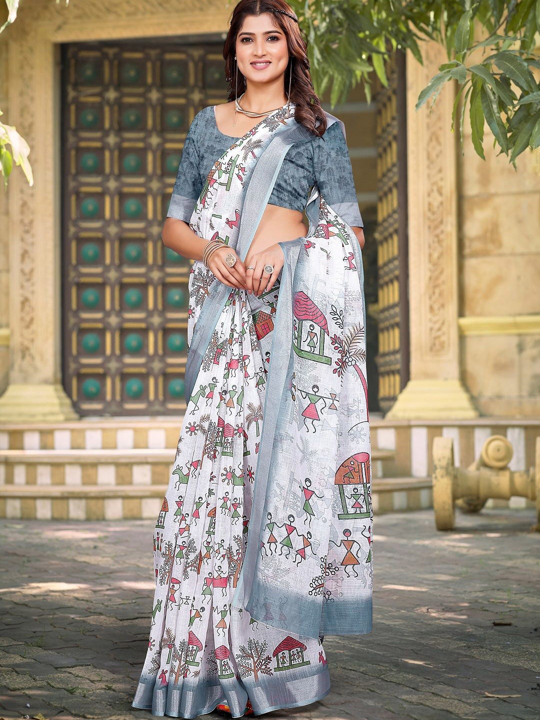 

Sarvada Floral Printed Pure Cotton Saree, White