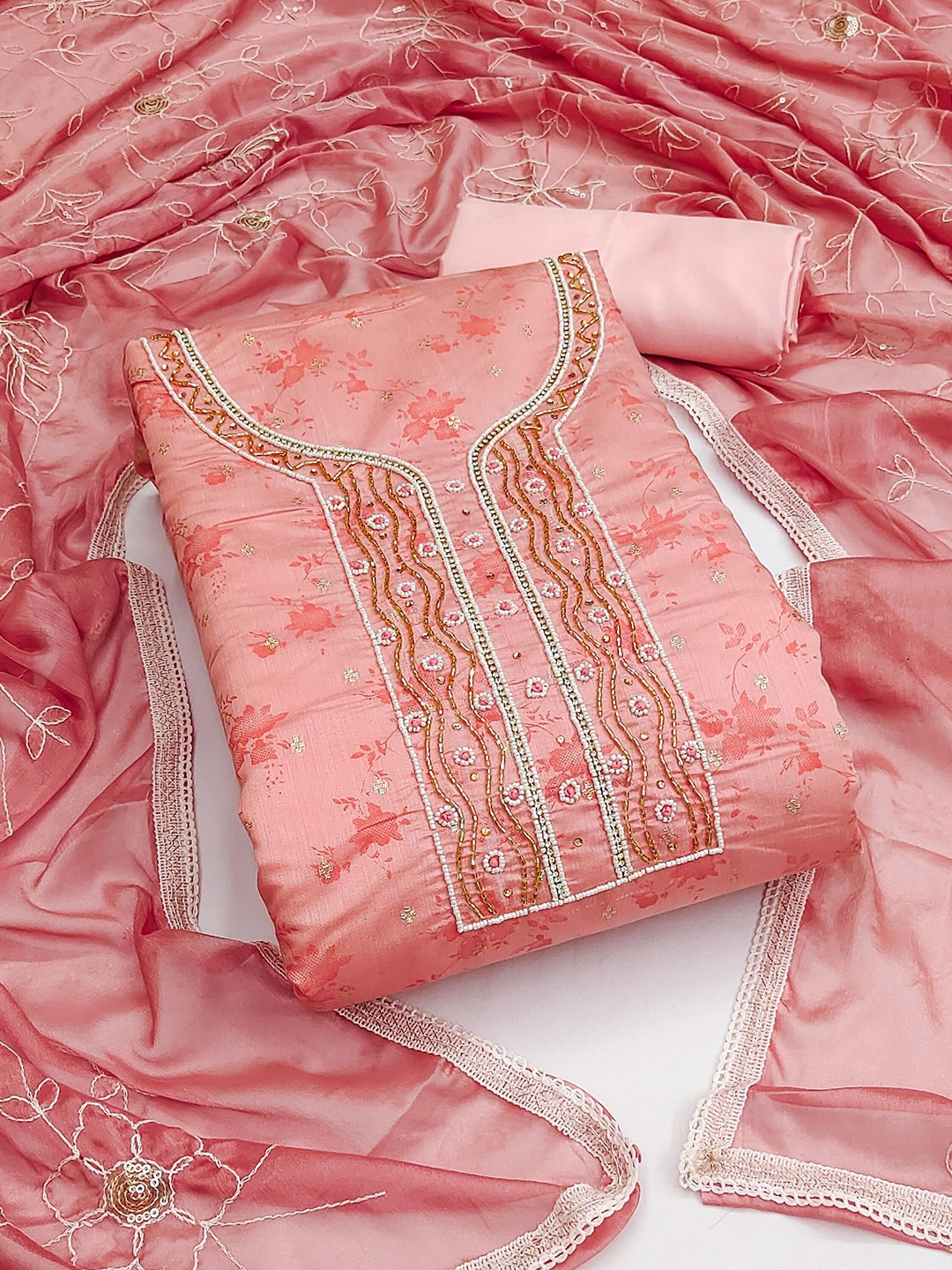 

SHADOW & SAINING Floral Woven Design Beads and Stones Semi-Stitched Dress Material, Peach