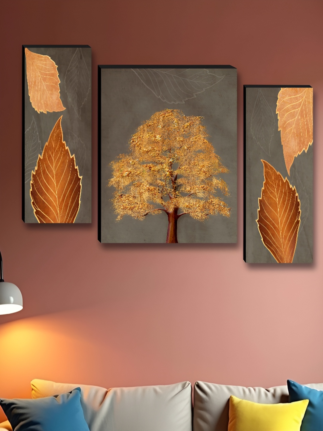

Myntra Elegant Homes Grey & Yellow 3 Pieces Tree & Leafs Printed Wall Art