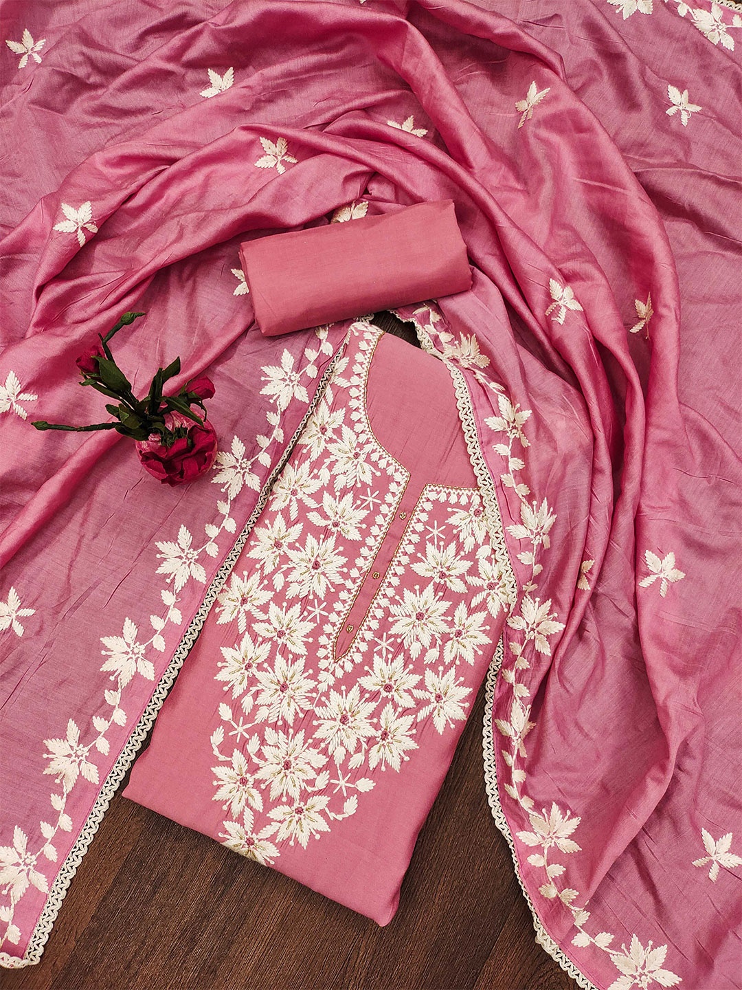 

Maroosh Floral Embroidered Beads and Stones Unstitched Dress Material, Pink