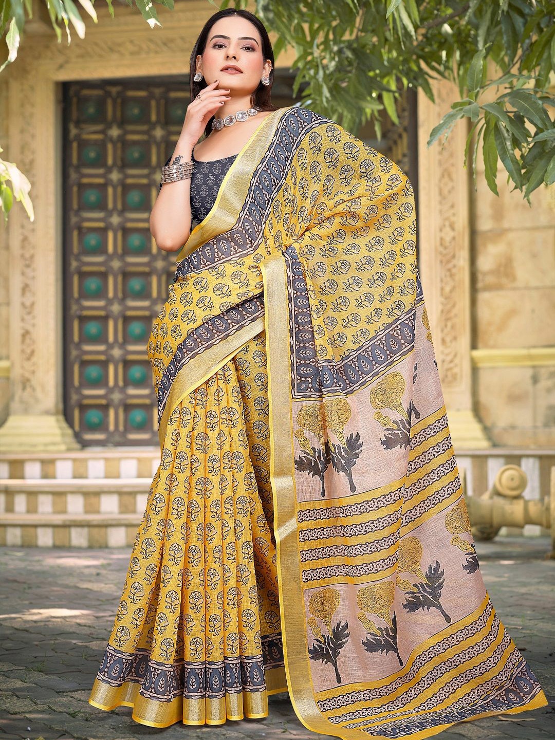 

Mitera Ethnic Motifs Print Zari Pure Cotton Saree, Mustard