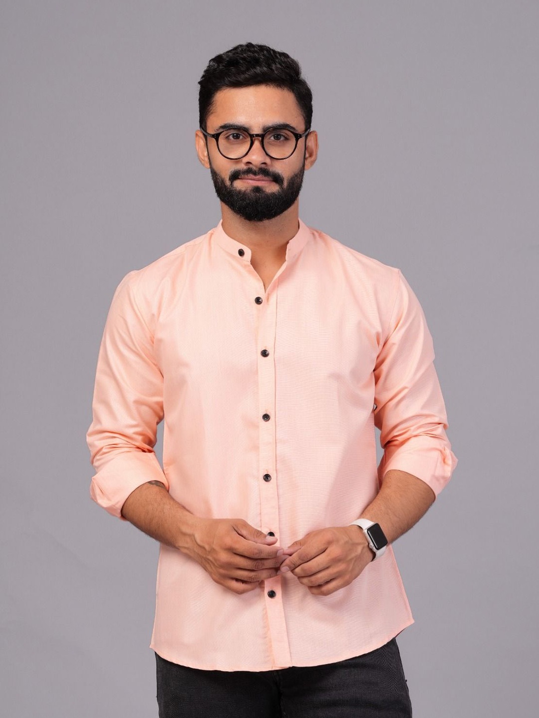 

UNIBLISS Men Band Collar Solid Cotton Casual Shirt, Peach