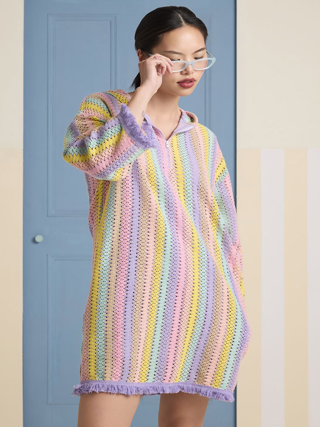 

Muvazo Self Design Hooded Neck A-LineMini Dress, Pink