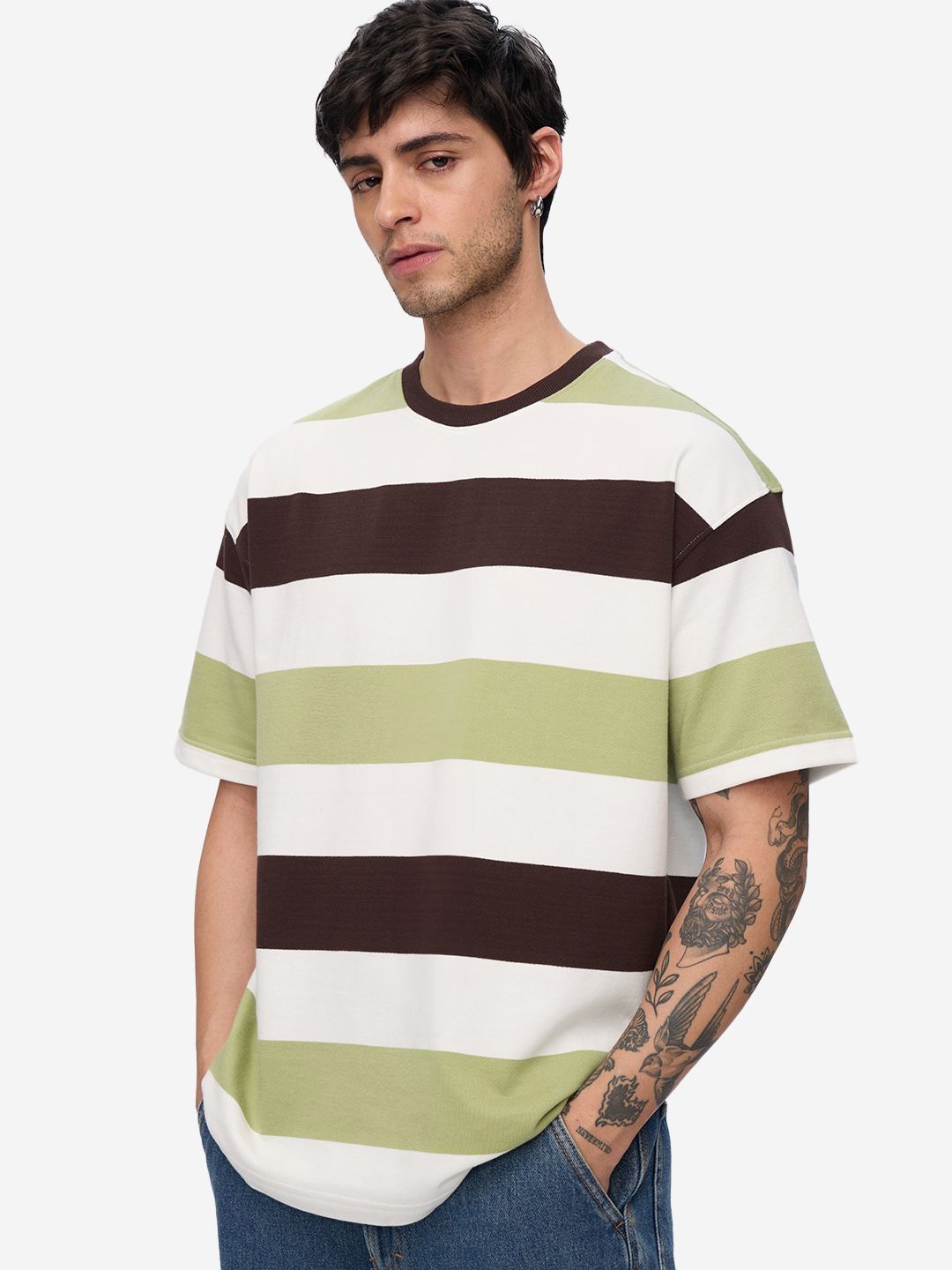

The Souled Store Men Striped Round Neck Cotton Oversized T-shirt, White