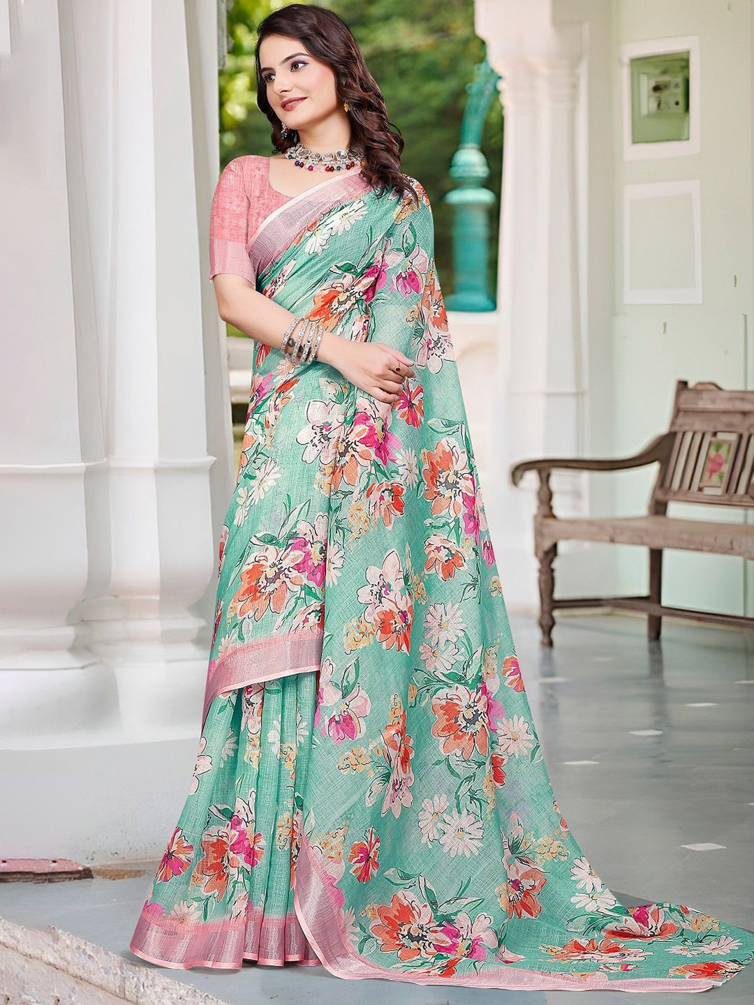 

Sarvada Floral Printed Zari Pure Cotton Saree, Green