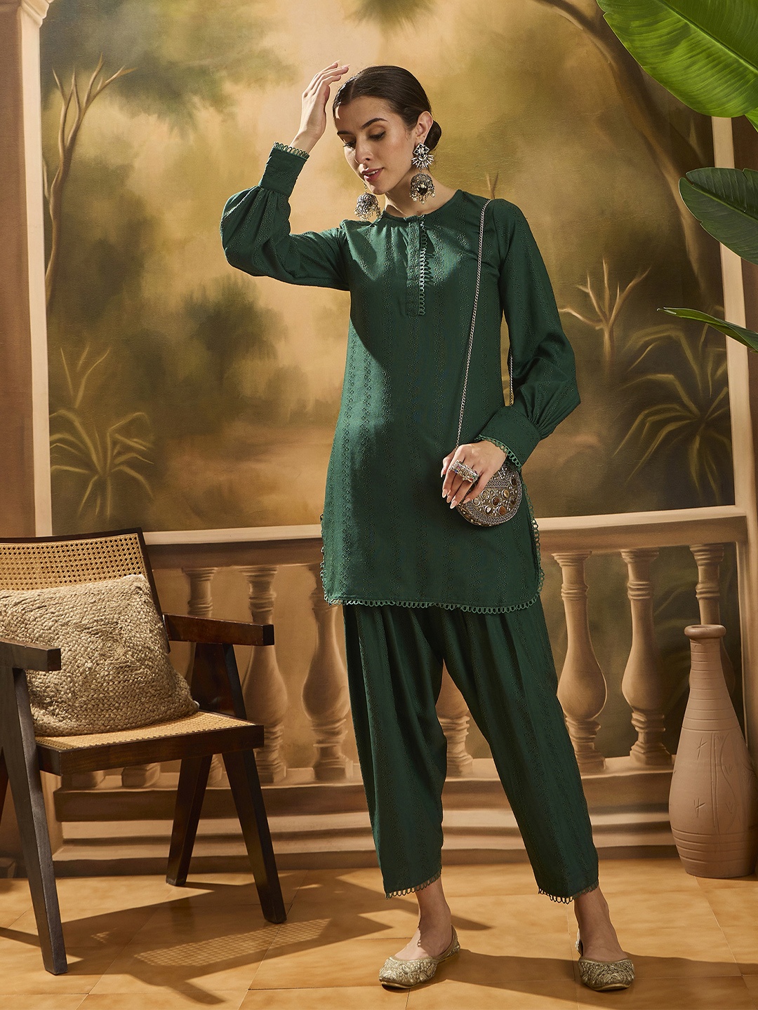 

Sangria Floral Embroidered Dobby Puffed Sleeves Pakistani Pathani Kurti With Salwar, Green