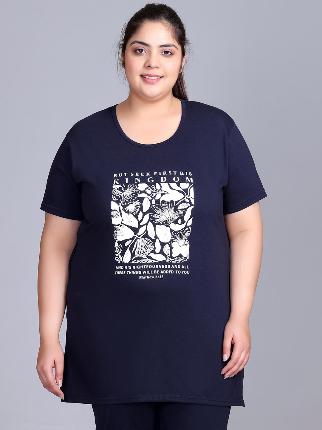

IN Love Plus Size Graphic Printed Round Neck Short Sleeves Cotton T-Shirt, Blue