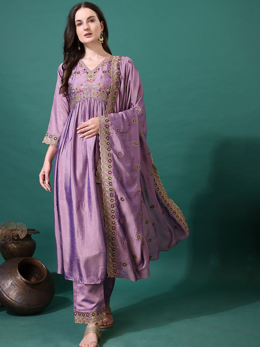 

KALINI Floral Yoke Design V-Neck Empire Thread Work A-Line Kurta With Trouser & Dupatta, Lavender