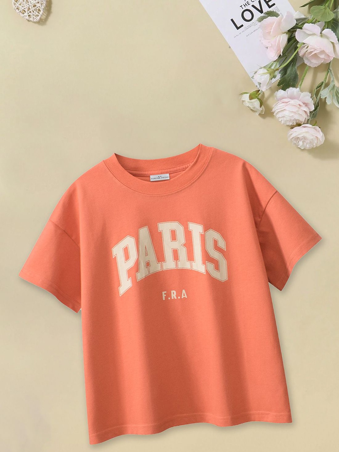 

FOREVER FRIDAY Girls Typography Printed Round Neck Cotton Relaxed Fit T-shirt, Orange