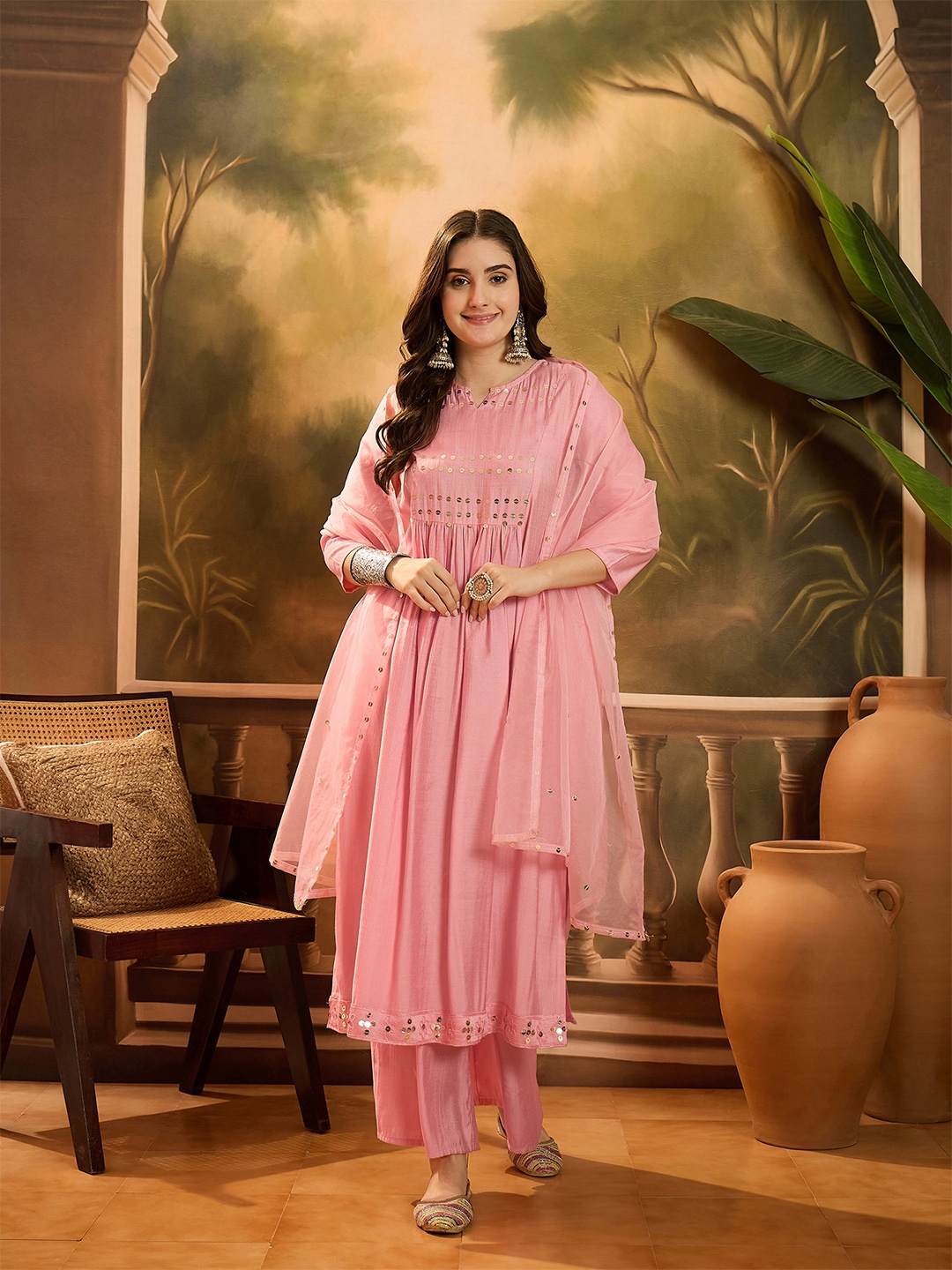 

Sangria Notch Neck Sequinned Empire A-Line Kurta & Palazzo With Dupatta, Pink