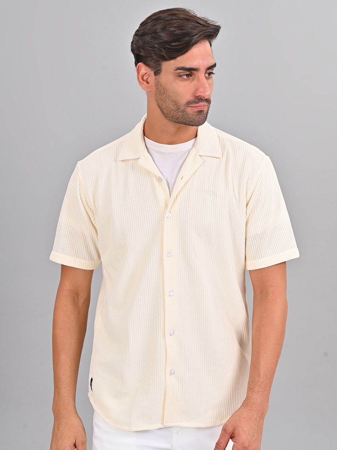 

STYLOFY Self Design Cuban Collar Slim Fit Shirt, Cream