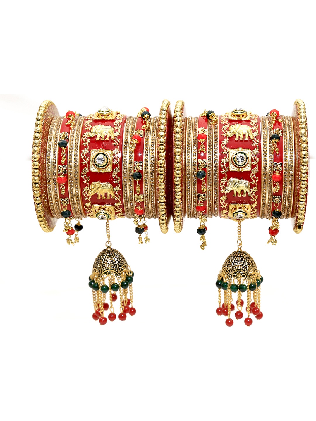 

Zindura Set Of 2 Gold-Plated Stone Studded & Pearl Beaded Chuda Bangles