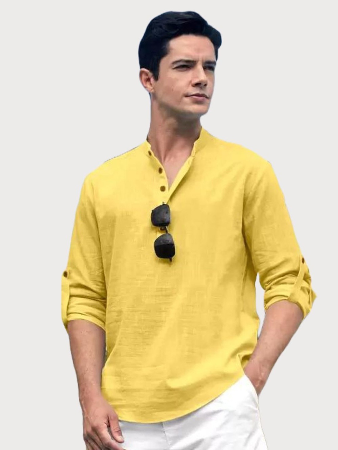 

LIFE ROADS Mandarin Collar Roll-Up Sleeves Cotton Straight Short Kurta, Yellow