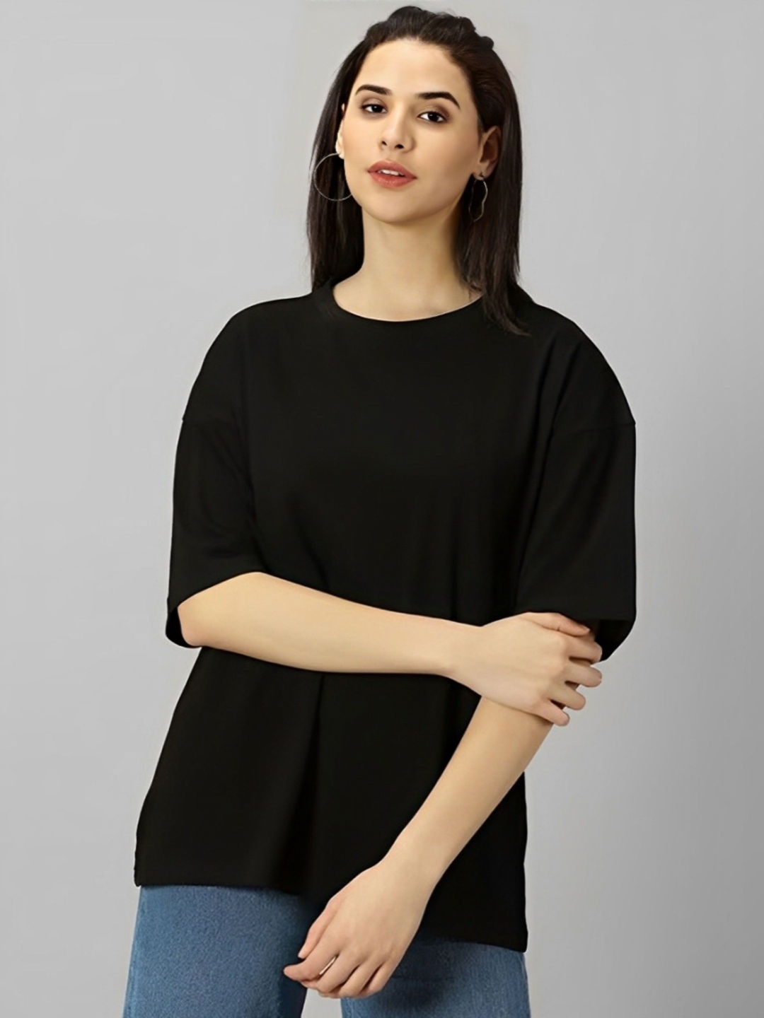

kintu parantu Women Solid Round Neck Cotton Oversized T-shirt, Black