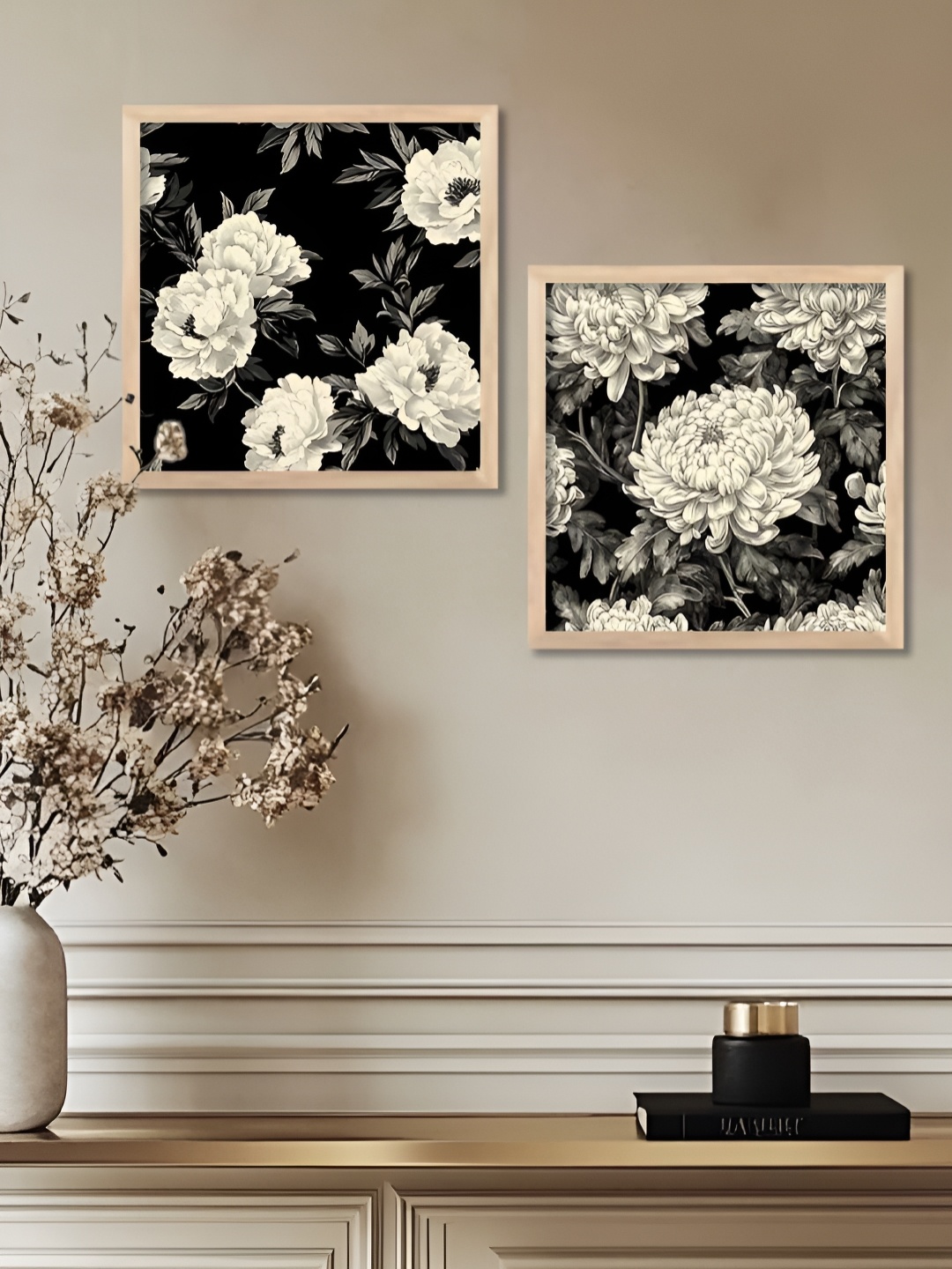 

Kotart Black & White 2 Pieces Floral And Botanical Printed Wooden Wall Art, Brown