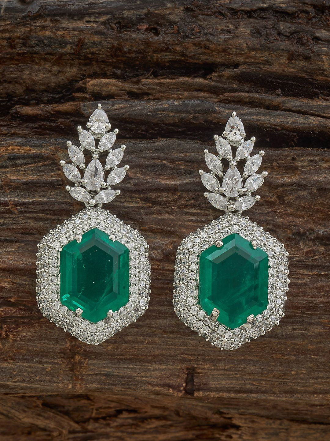 

Kushal's Fashion Jewellery Rhodium-Plated Geometric Zircon Studded Drop Earrings, Silver