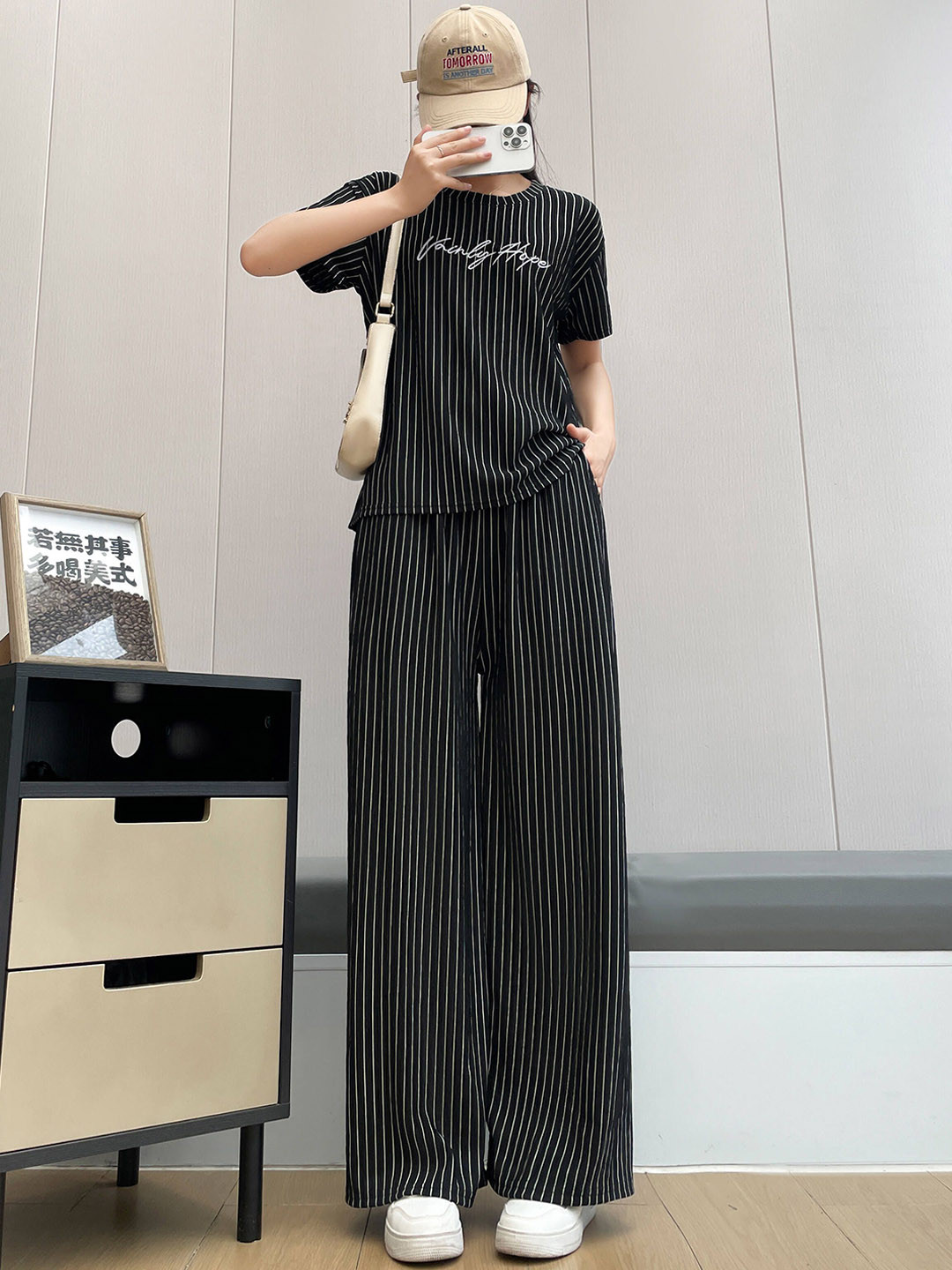 

Lugo Striped Self Design Round Neck T-Shirt With Palazzo, Black