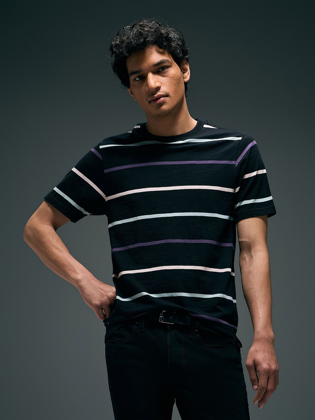 

Flying Machine Striped Round Neck Cotton T-shirt, Black