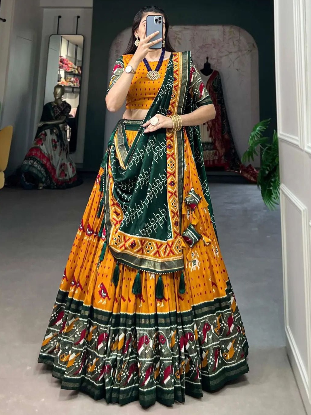 

RADHVI BIZ Printed Kalamkari Ready to Wear Lehenga & Semi-Stitched Blouse With Dupatta, Yellow